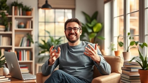 Friendly person gesturing in a modern home office, AI productivity desktop apps theme.
