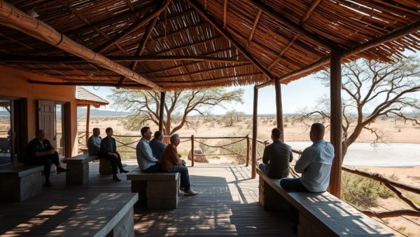 Etosha Waterholes Guide: Tranquil deck view with people sitting, overlooking waterhole.