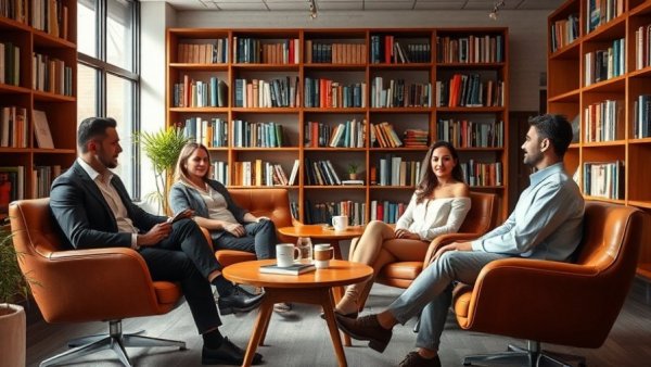 Modern office scene from Project Genie showing individuals in discussion.