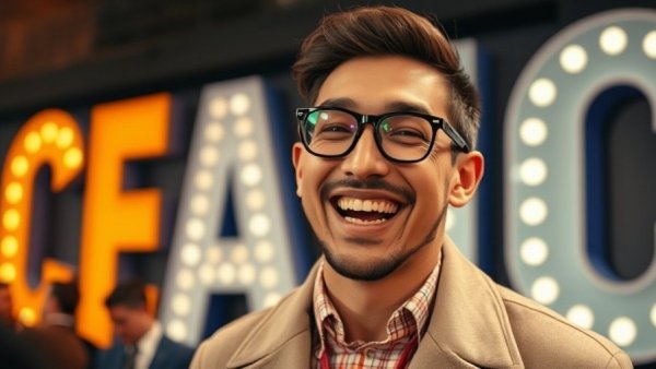 Stylish man laughing at event, showcasing Tyler The Creator fanbase success.