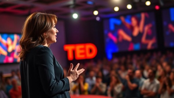 Confident speaker discussing AI in classrooms during a TED Talk.