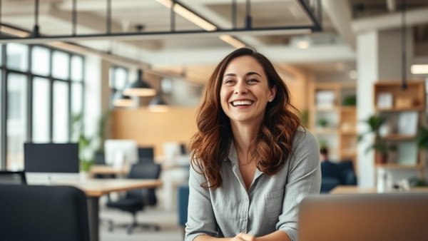 Cheerful interaction in modern office, highlighting humor.