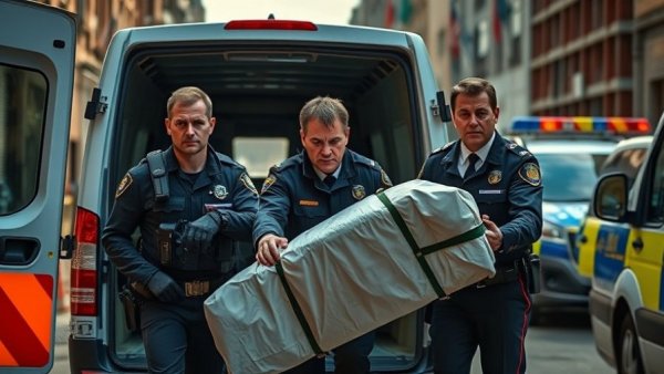 France police officers handling a body, conveying police action.