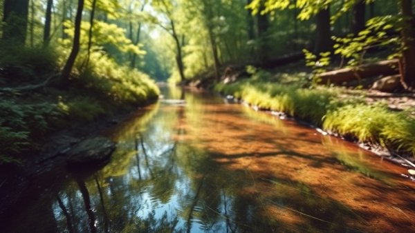 Serene woodland creek with lush greenery and clear water reflecting the sky. Where am I?