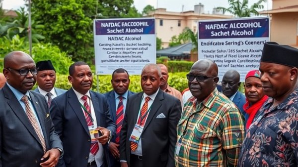 Officials enforcing Nigeria regulations on sachet alcohol outdoors.