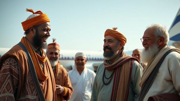 Traditional dressed men greeting with airplane in background, Tudun Biri housing.