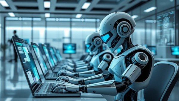 Futuristic robots typing on laptops, showcasing inclusive AI development.