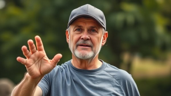 Middle-aged man in sports attire gesturing outdoors, showcasing resilience.