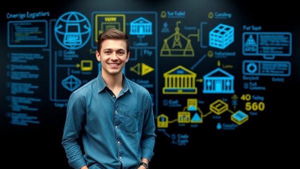 Young man explaining vibe coding in front of digital diagrams.