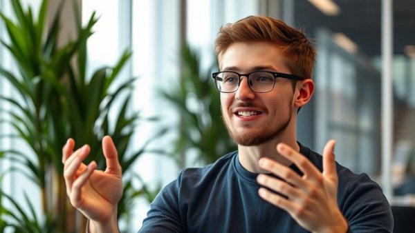 Man presenting steps for building a $100k a year business in a modern office.