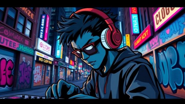 Hip-Hop Beat Making depicted in abstract urban art with cityscape.