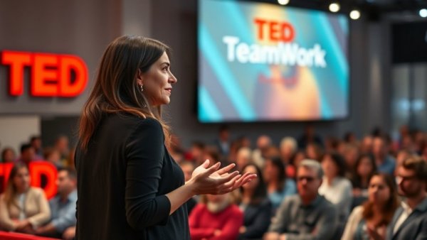 Female speaker discusses how poor communication causes team failures on TED stage.