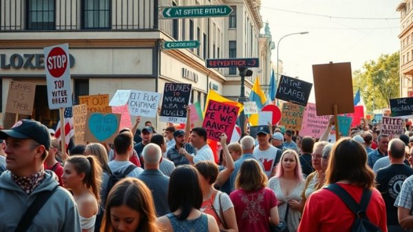 Protest against ICE at street corner, vibrant crowd in urban setting.