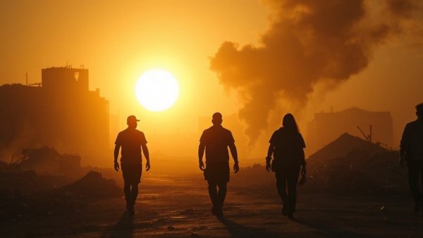 AI-driven plans for Gaza: Dystopian landscape with setting sun.