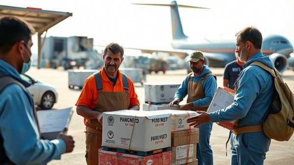Workers managing aid cargo for Sudan humanitarian crisis logistics.