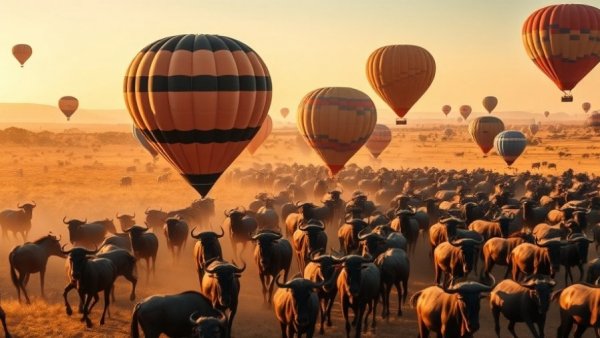 Wildebeests and hot air balloons at Budget Masai Mara Safari.