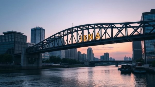 Bridge with illuminated text over river, cityscape backdrop.