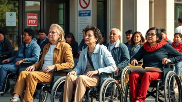 People in wheelchairs waiting at Rafah crossing's reopening.