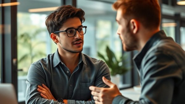 Young entrepreneur discussing building a business, office setting.