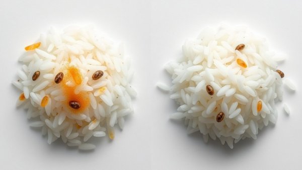 Microscopic view of spoiled vs fresh rice showing bacterial growth, germ theory impact on medicine.