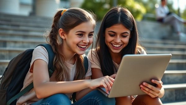 Digital girlhood: Girls using laptop outdoors with backpacks.