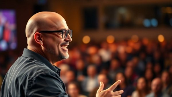 Charismatic speaker engaging audience, emphasizing authentic conversations.