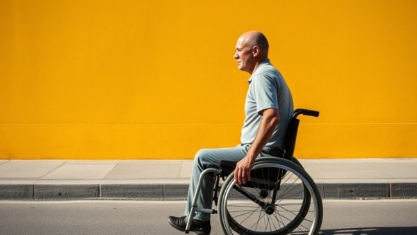 Man in wheelchair moving by yellow wall, emphasizing accessibility in Africa.