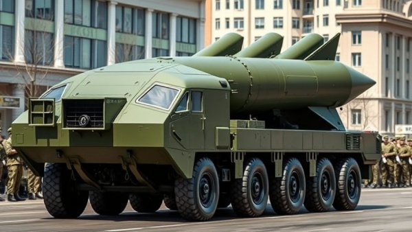 Military vehicle in street parade discussing nuclear arms control treaty expiration.