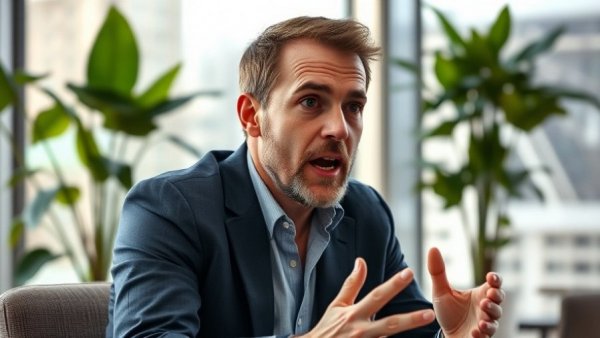 Person discussing food trends in a modern office setting.