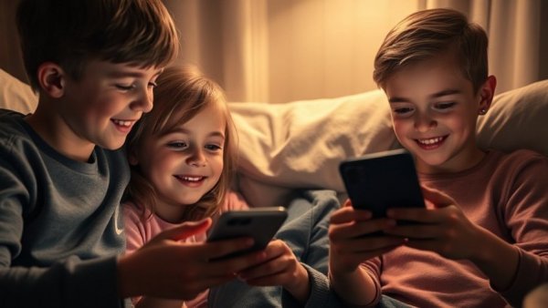 Children exploring phones in dim light, AAP screen time recommendations