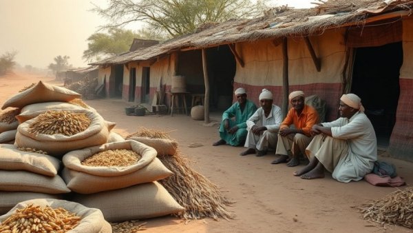 Sudan crop supply crisis depicted with farmers and sacks.