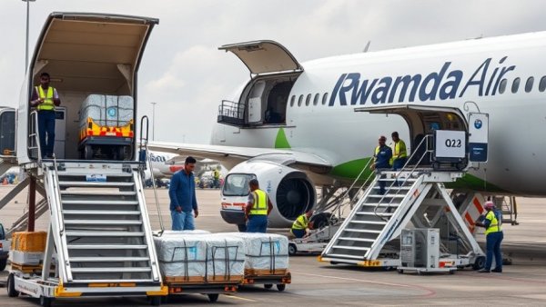 Rwanda air cargo export initiative at airport with workers and cargo.