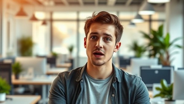 Casual young man in modern office discussing productivity tips and goal setting.