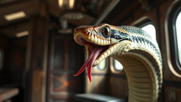 Curious king cobra exploring a train cabin, photorealistic.