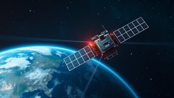 Futuristic satellite beaming data to Earth in space.