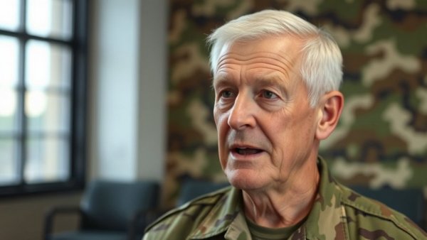 Older male in military attire speaking with camouflage background.