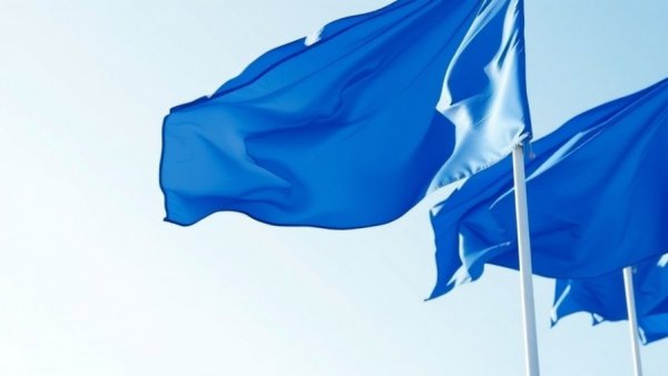 Vibrant blue DSV flags in clear sky for DSV FY2025 results.
