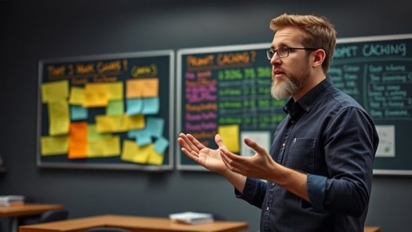 Engaged presenter on prompt caching, educational board with colorful notes.