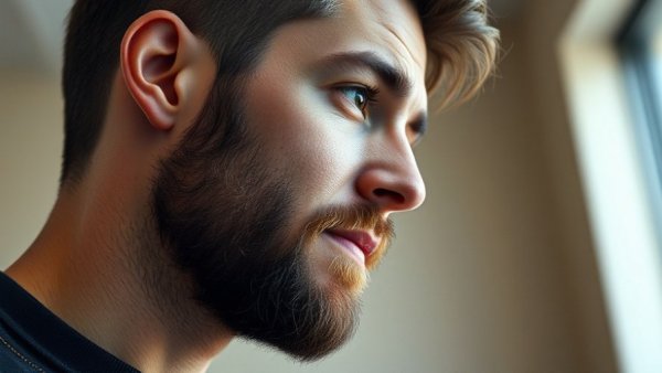 Close-up portrait of a man with a beard in soft indoor lighting.