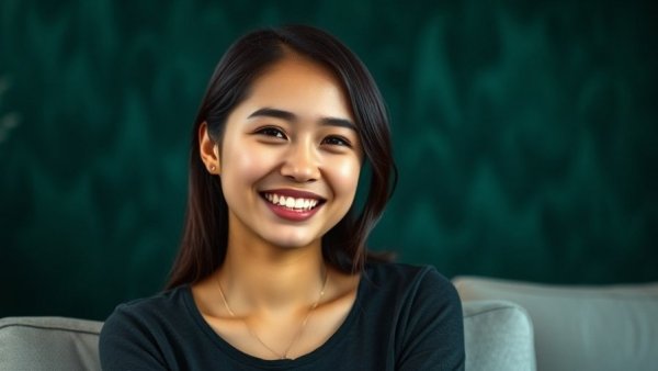 Young woman smiling in a modern setting, sustainable solutions to plastic waste.
