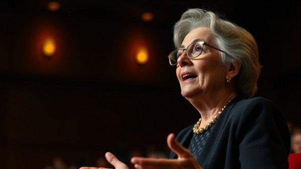 Engaging older woman delivering a talk with animated expression, relevant to self-introduction for job interviews.