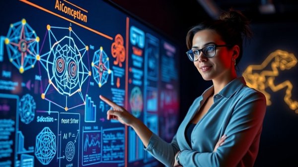 Woman explaining neural networks and AI with digital board.