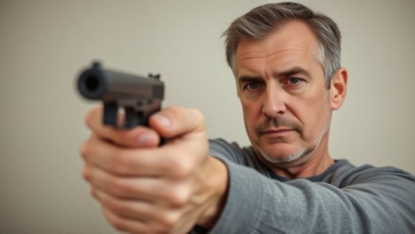 Man with a toy gun controversy, focused pose in indoor setting.