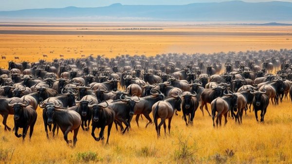 Great Migration Masai Mara vs Serengeti: Massive wildebeest herd crossing savanna.
