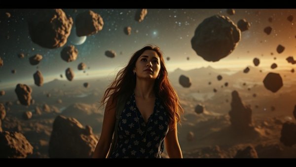Curious woman with asteroids in space, highlighting 196 Years of Science.
