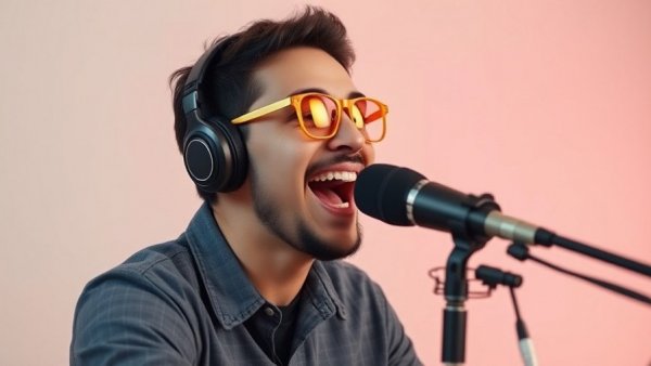 Enthusiastic podcast speaker with orange-tinted glasses on a pastel background.
