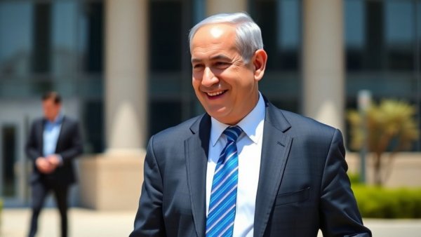 Netanyahu US Visit Impact on Africa: Leader in suit smiling outdoors with sky and building backdrop.
