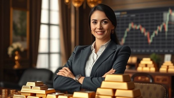 Gold and Silver Market Trends visualization with businesswoman and bars.