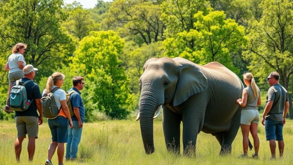 Tourists observing elephant on budget safari, lush green setting.