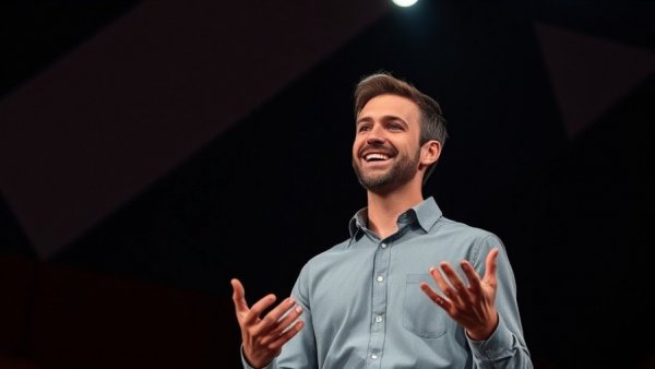 Smiling man presenting on stage with abstract background, highlighting cost of creating for likes and shares.